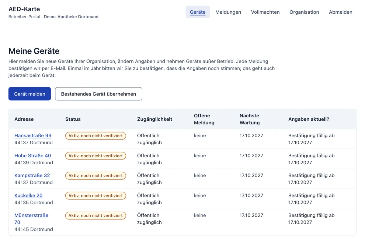 Betreiber-Portal, Seite „Meine Geräte“: Schaltflächen „Gerät melden“ und „Bestehendes Gerät übernehmen“, darunter eine Tabelle mit fünf Geräten in Dortmund mit Status „Aktiv, noch nicht verifiziert“, Zugänglichkeit, offener Meldung, nächster Wartung und fälliger Bestätigung.